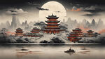 彩色传统古典中国风国潮建筑风景，晚霞天空，大富人家