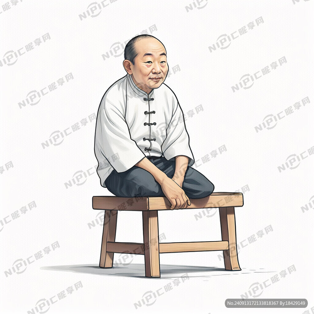 一个小人坐在木板凳子上