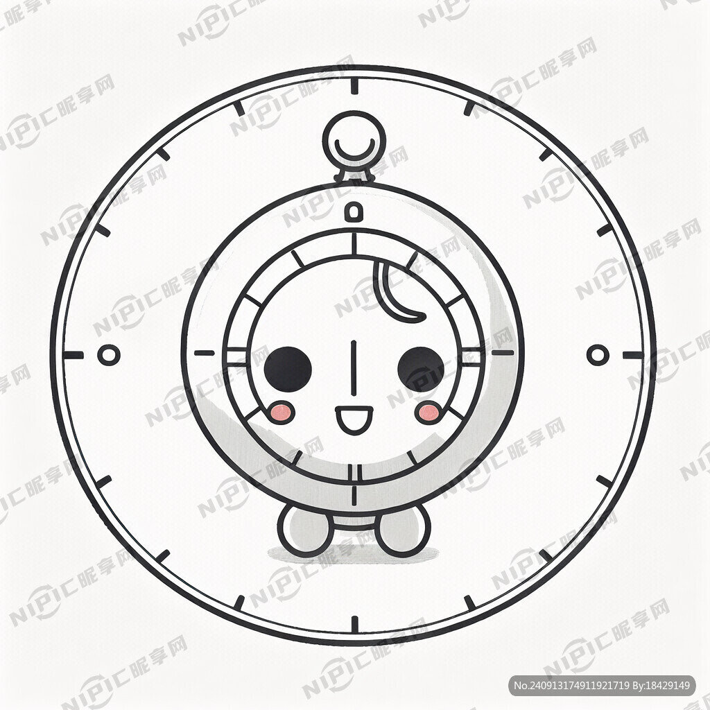 圆形时钟元素设计简单线条玩偶头