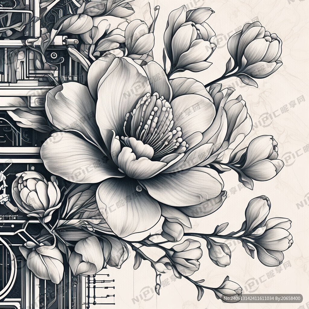 带有科技元素浓烈的玉兰花线条图