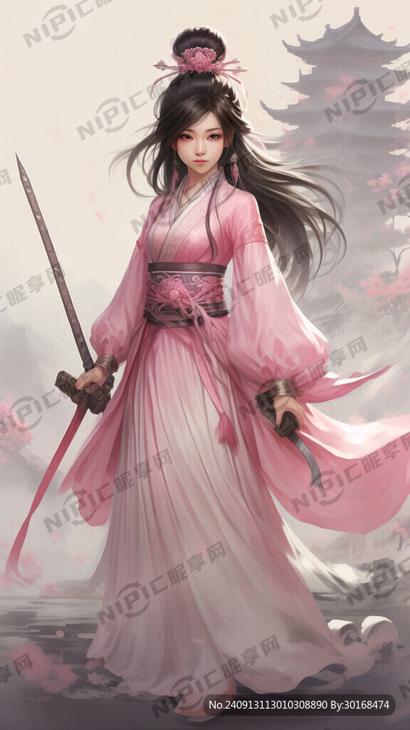 粉色卡通一点的古风大眼美女白底