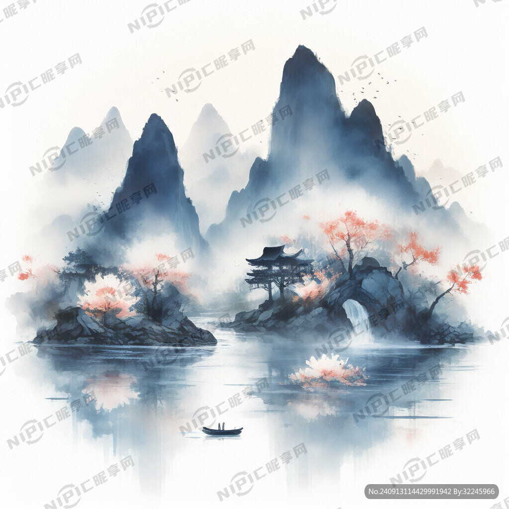 荷花、新中式、蓝白色渐变山、中