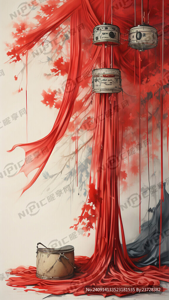 中国传统大红色纯色飘逸飘带与鼓