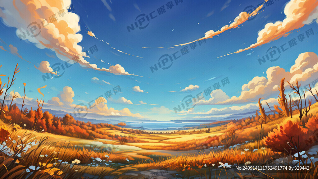 卡通 秋天的草地 天空 宽幅
