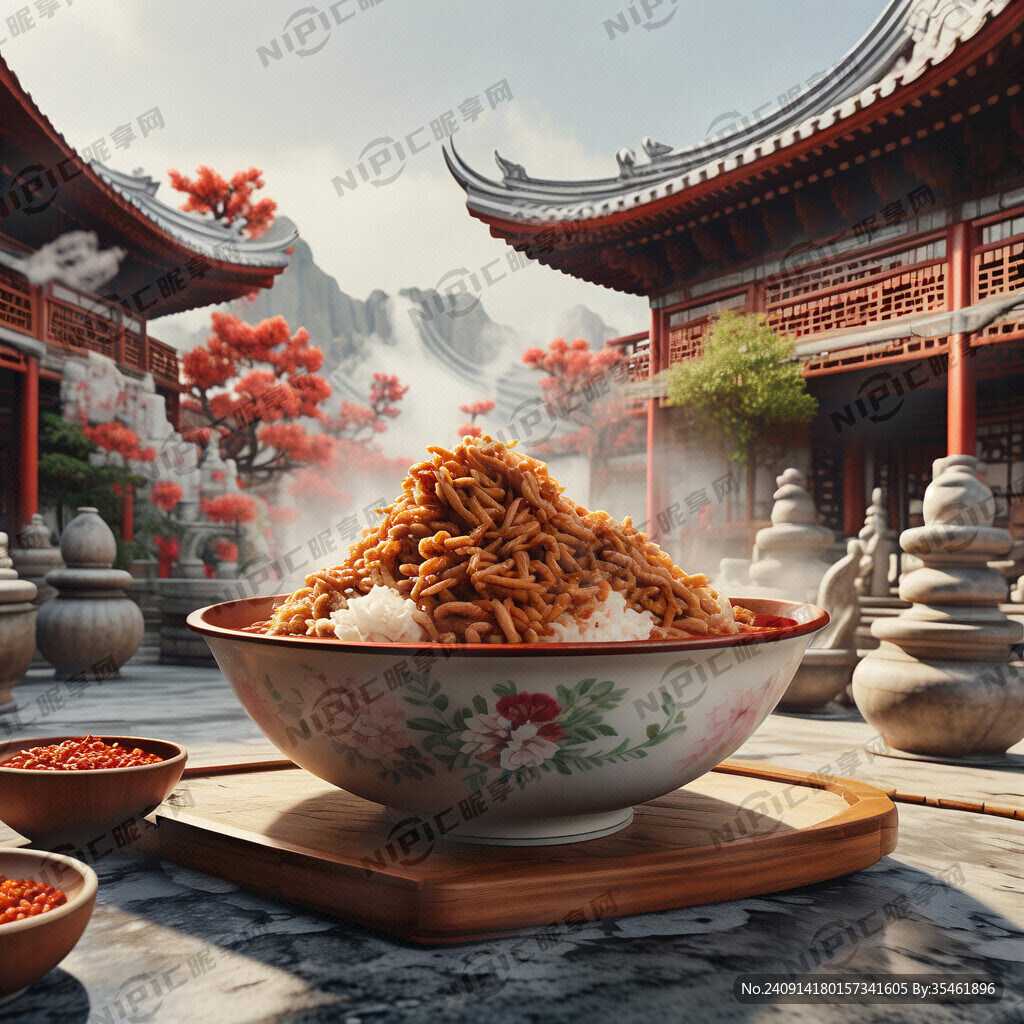 肉沫饭冒热气沫中式庭院背景