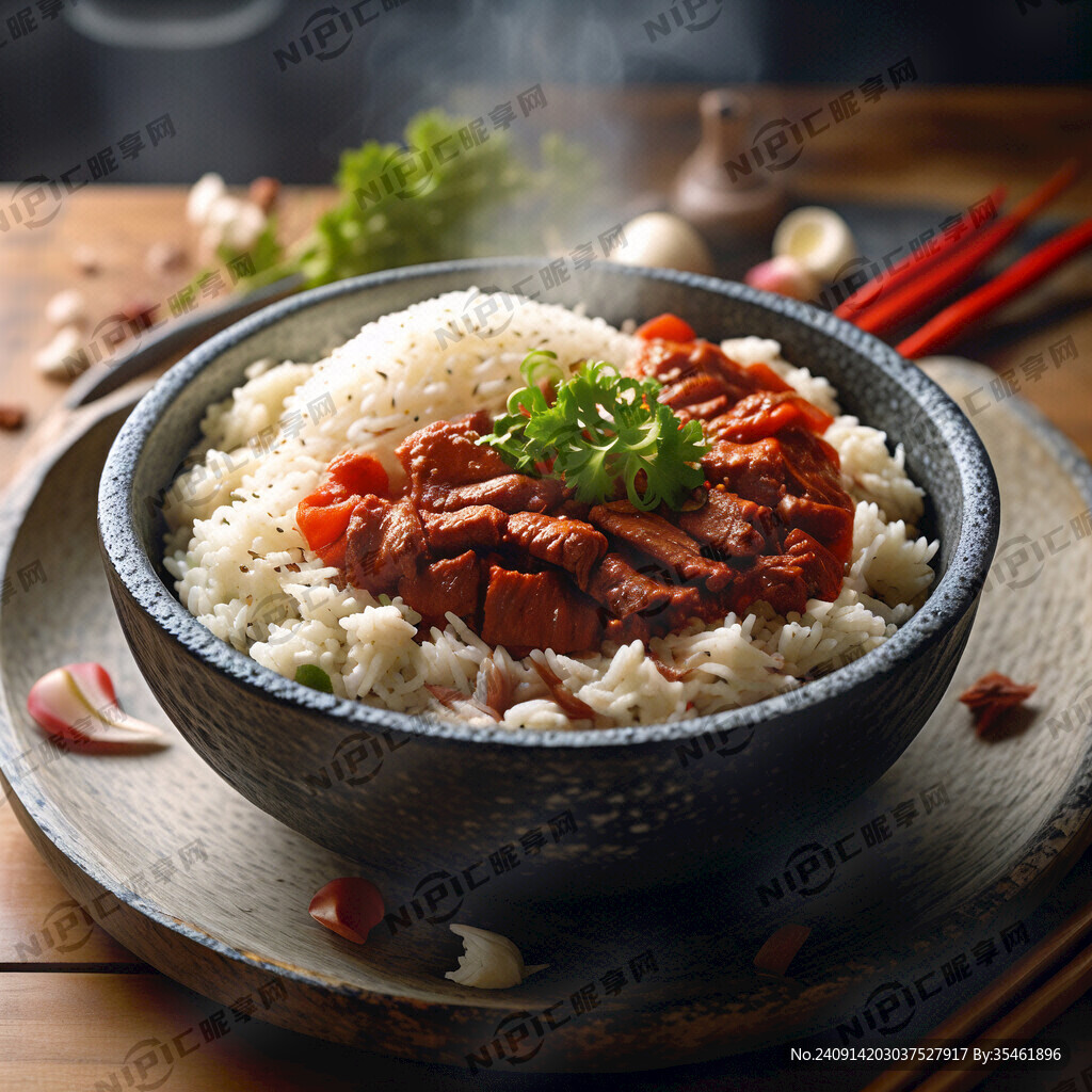 石锅牛肉沫饭冒热气 花瓣垫底