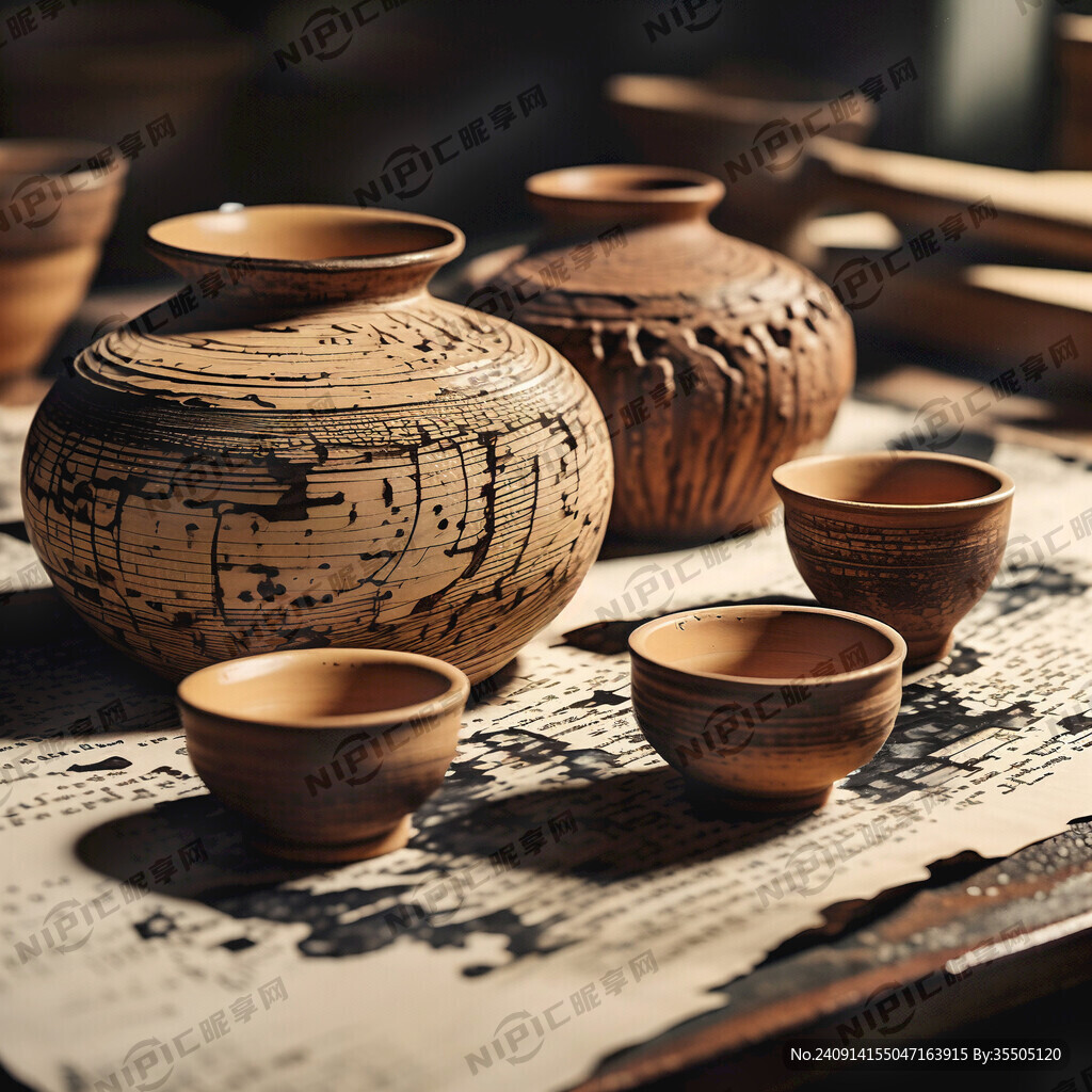 古朴写意概念插画土陶大中小