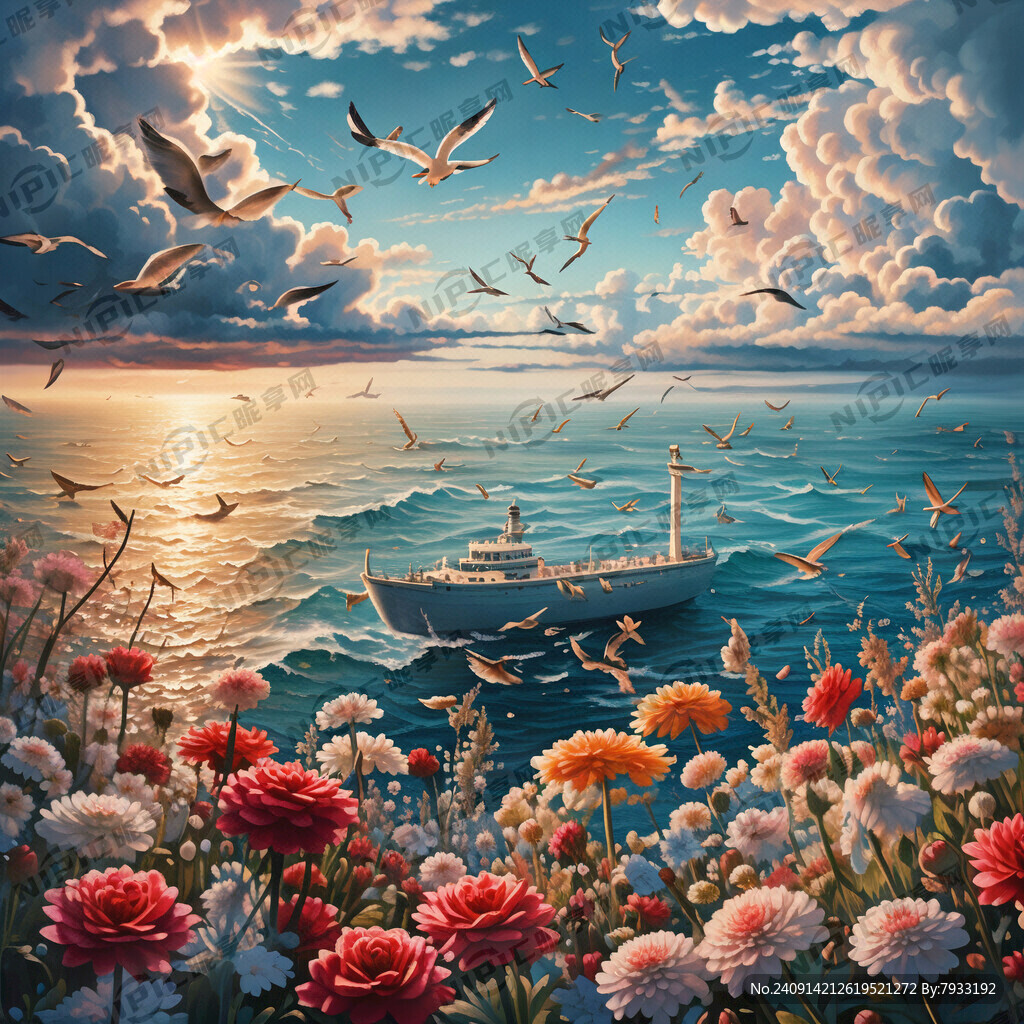 大海 海鸥 云朵 鲜花在游轮上