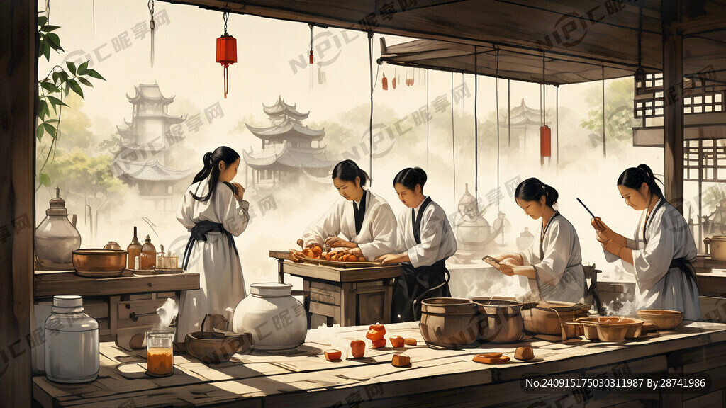 古代榨油作坊 插画风格