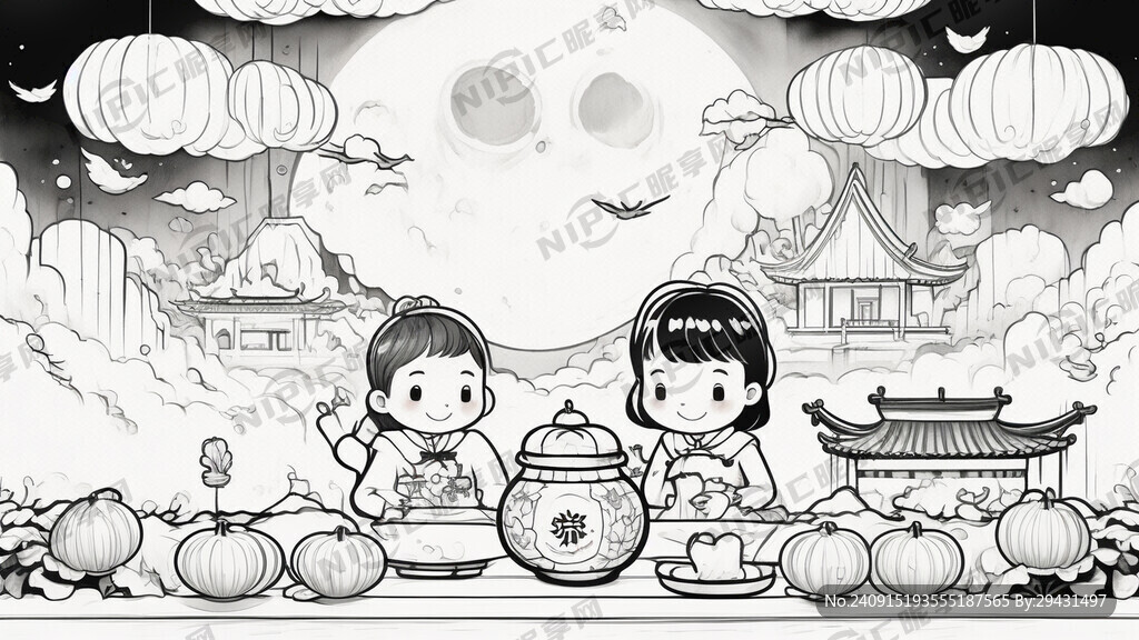 欢度中秋节 绘画 线稿 黑白