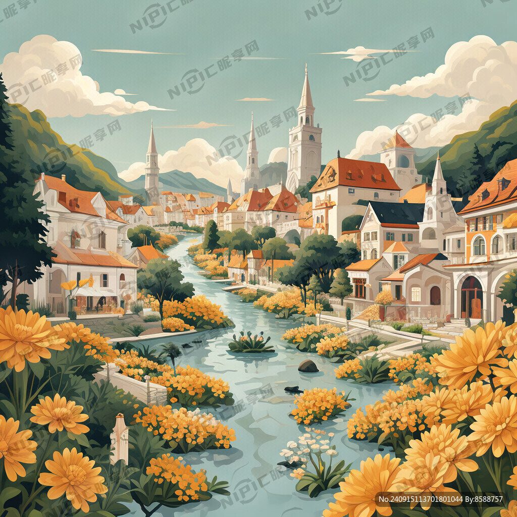 扁平化插画 一个旅游小镇