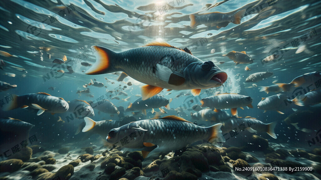 一群大鲤鱼在水下吃饵