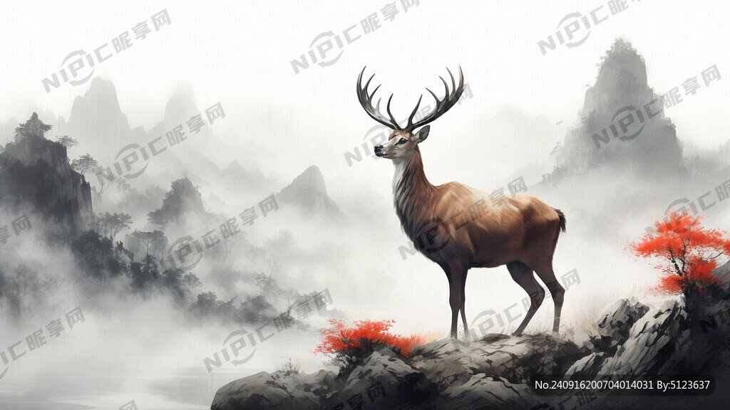 一只鹿在山上  山谷 中国风
