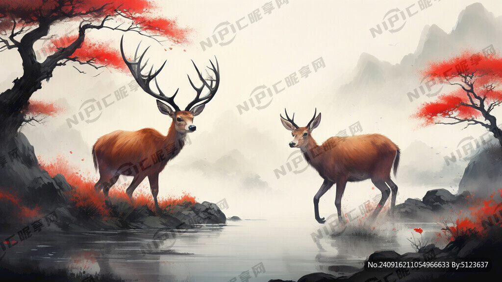 两只小鹿在水边 广角 高清。