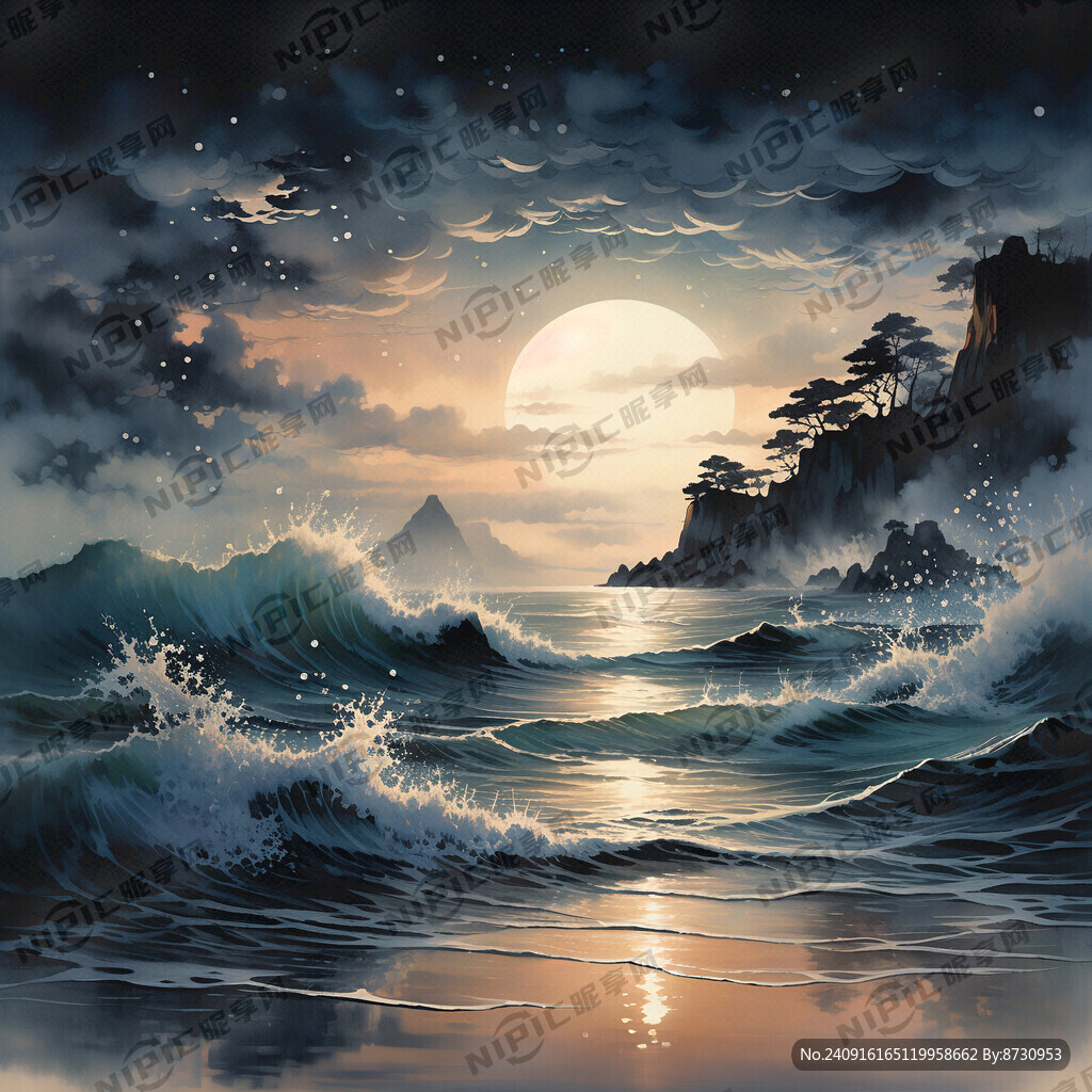 夜晚的海滩 水墨风
