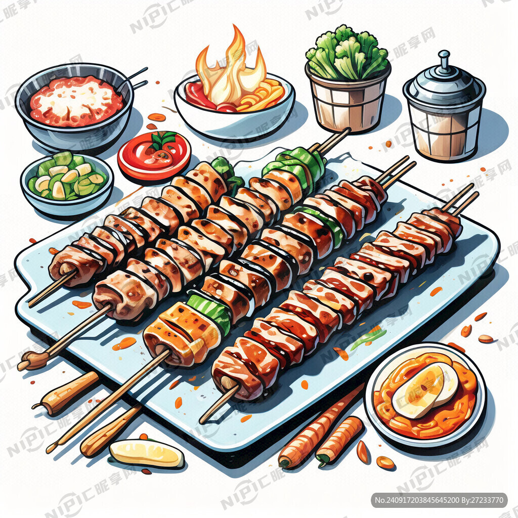 烧烤 蔬菜肉串  卡通