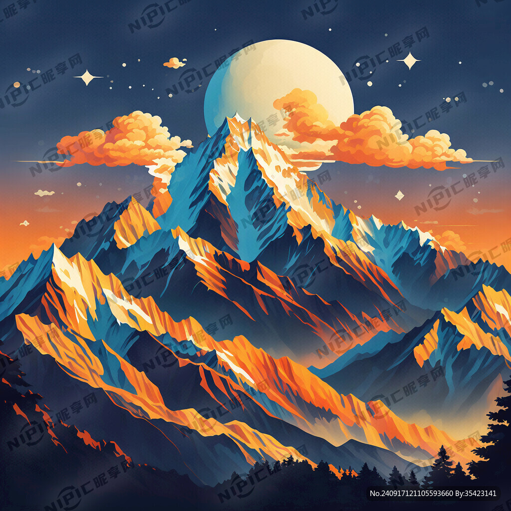 梅里雪山日照金山扁平插画线条