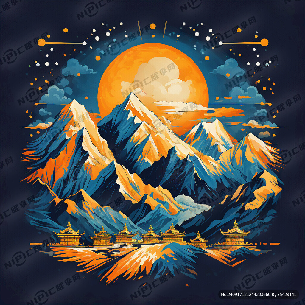 梅里雪山日照金山扁平插画线条