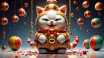 招财猫，亮丽背景，汽球