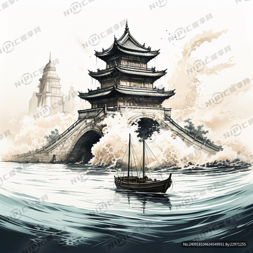 从下往上的线稿 五亭桥 水浪