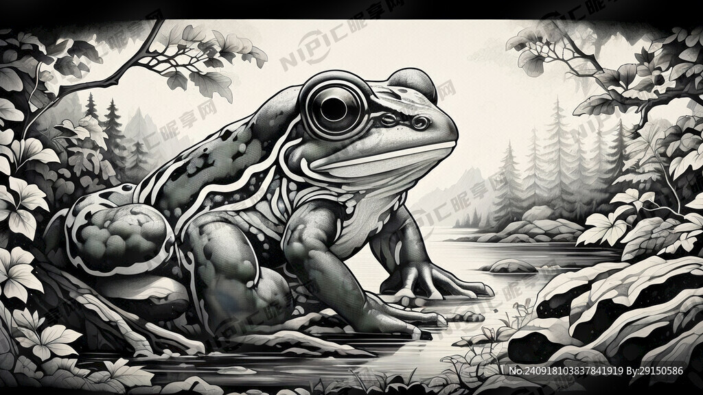 林蛙细致刻画版画高端自然大气山