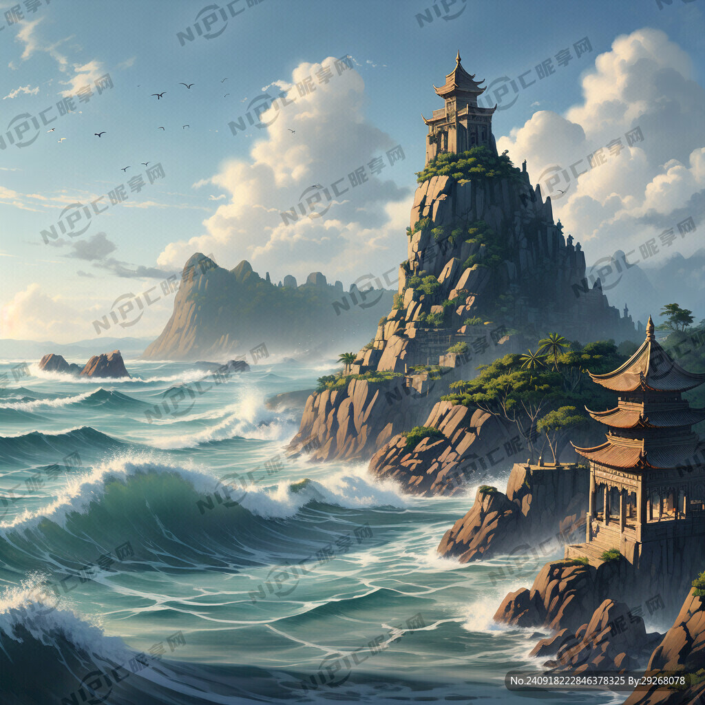 阳江城市 石觉寺、海浪、