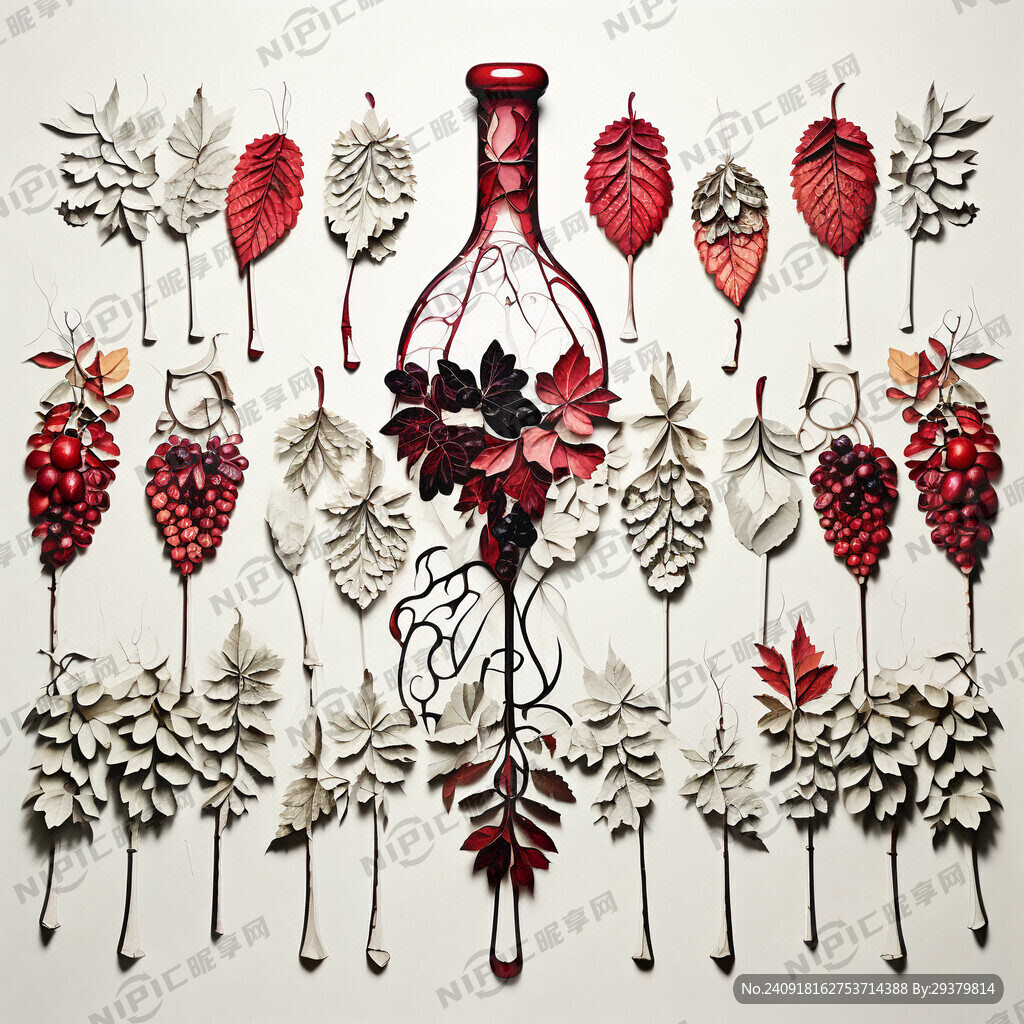 白背景下的葡萄酒树叶构成的创意