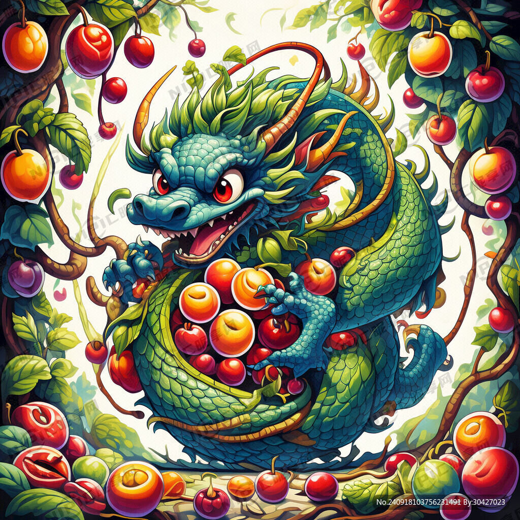 卡通插画龙缠绕着果子