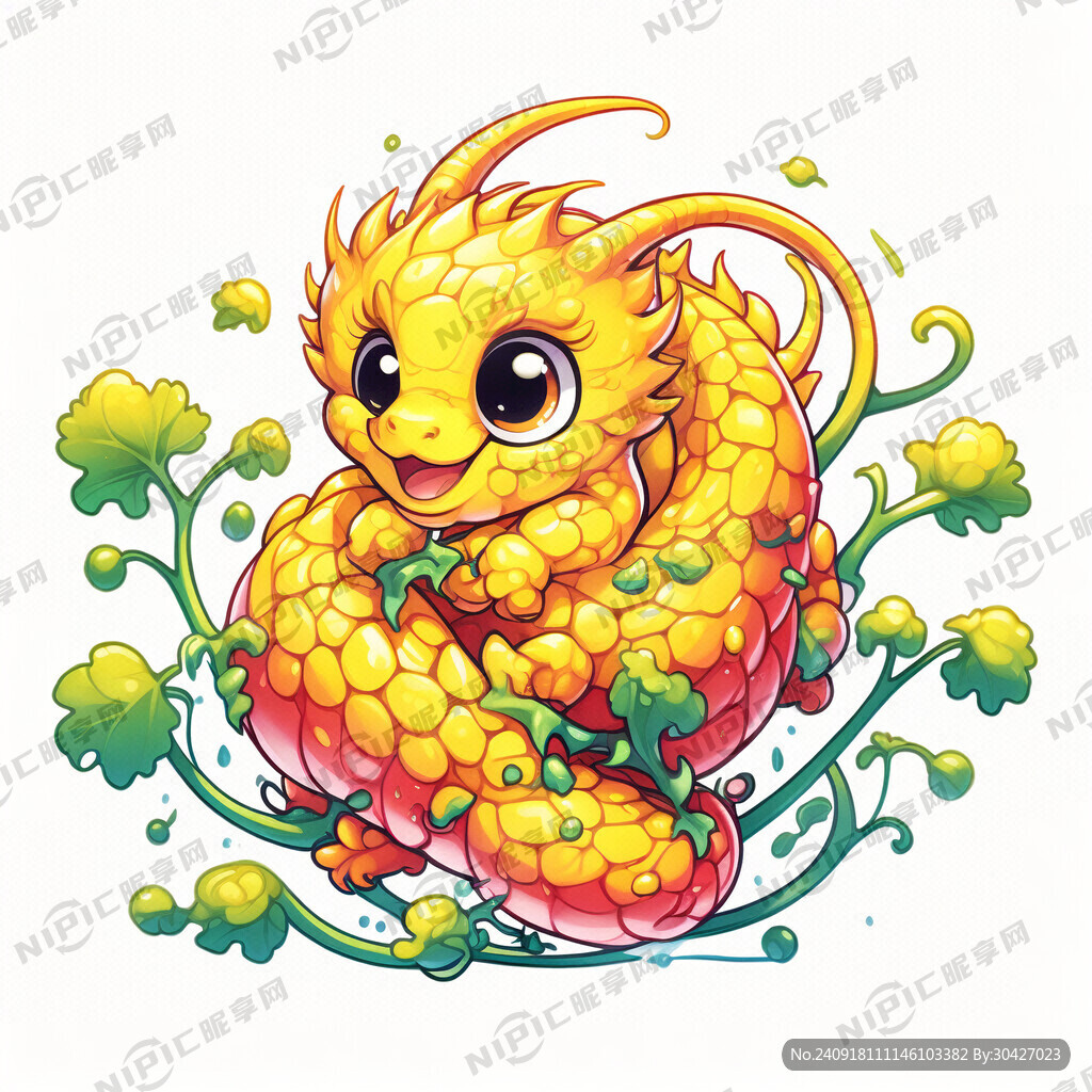 卡通插画黄色龙缠绕着小番茄