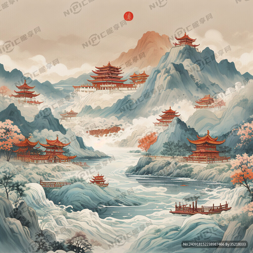 呼和浩特市国潮风景山水图