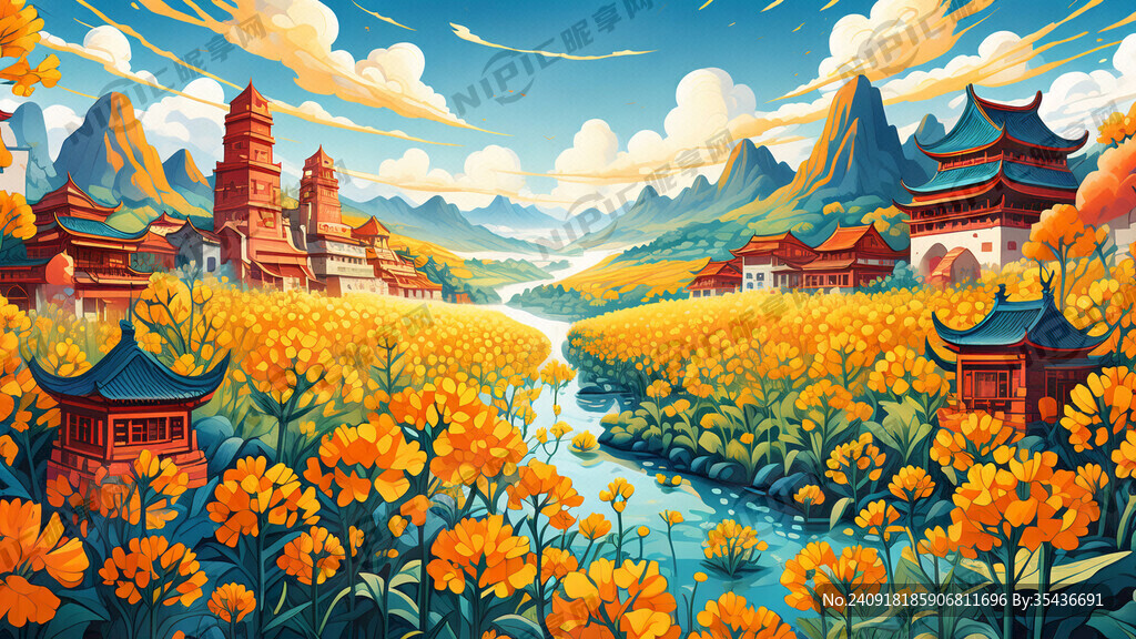 油菜花 插画 卡通 岭南建筑