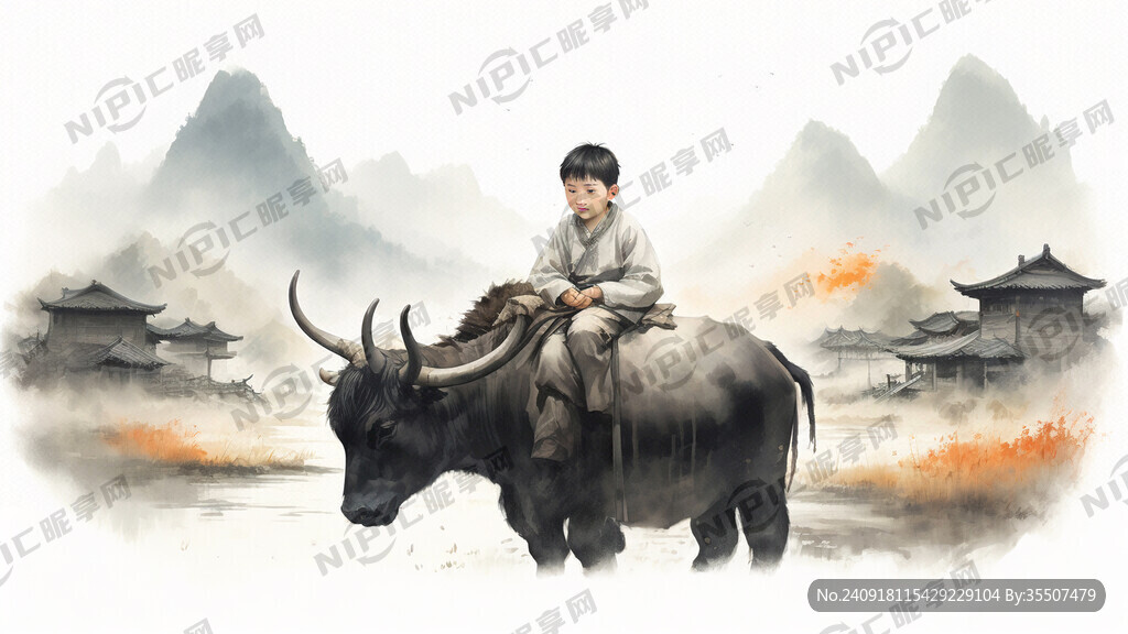 一个牧童骑在一只水牛的背上