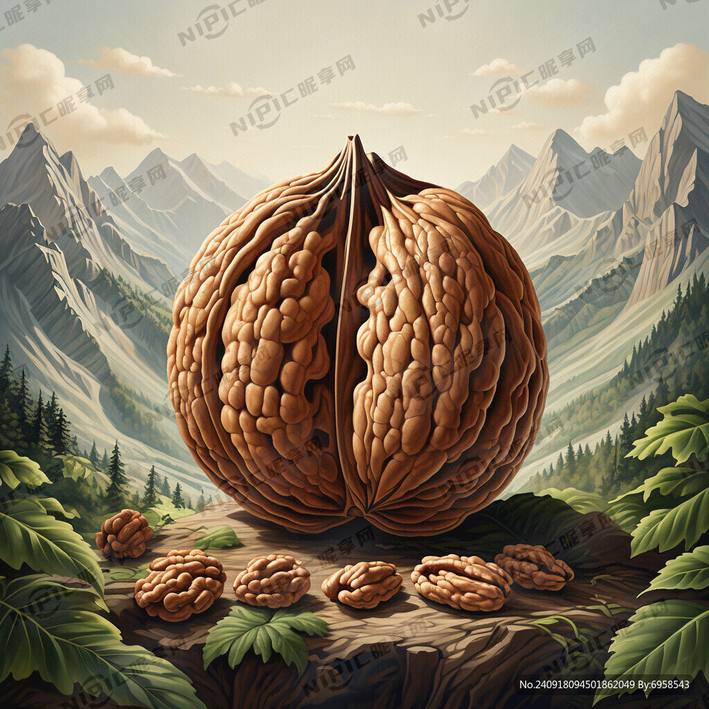 核桃 核桃叶 插画 唯美 大山