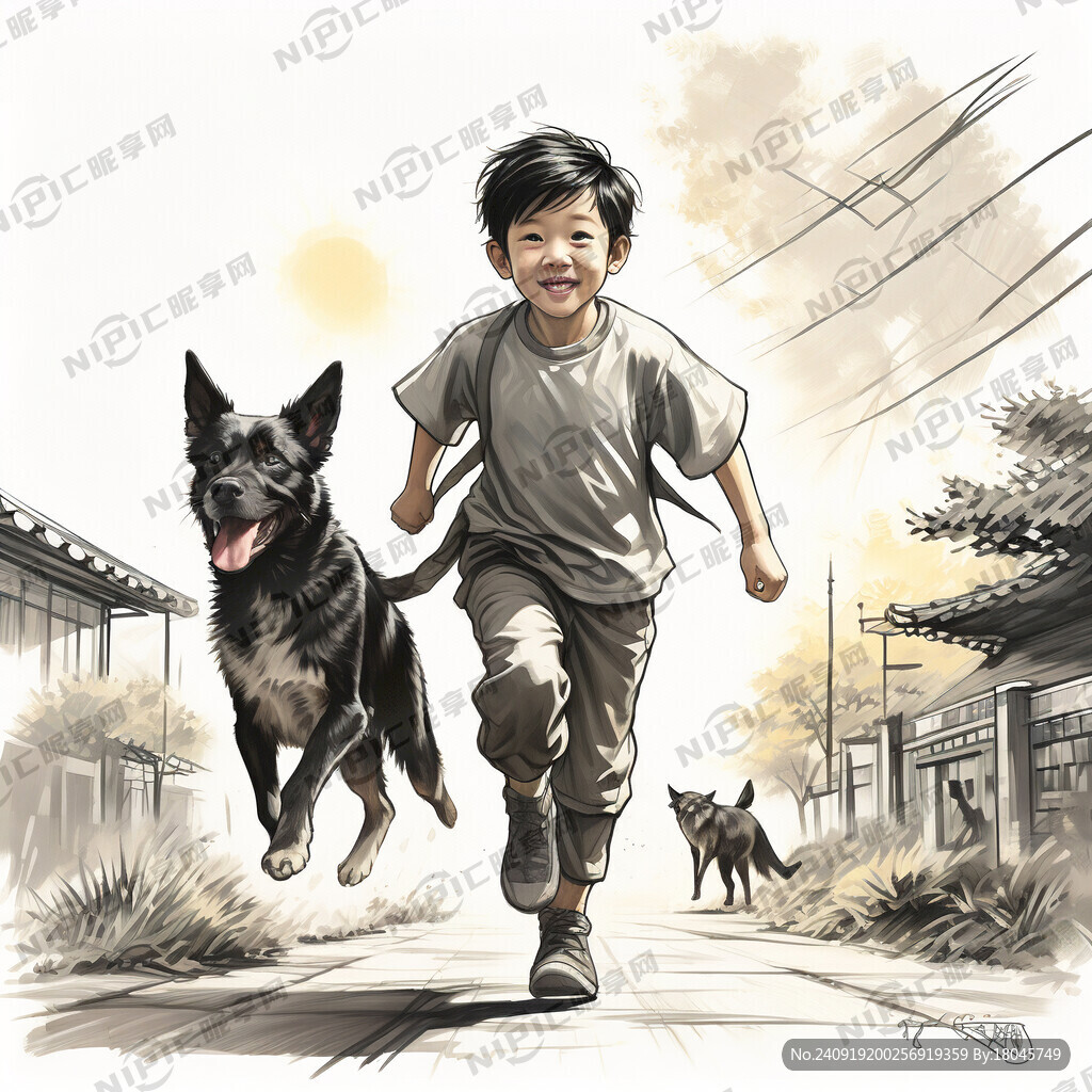 素描阳光奔跑的男孩牵着狗