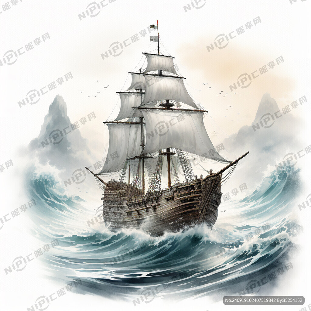 中式古代船行驶在海浪上 浪很大