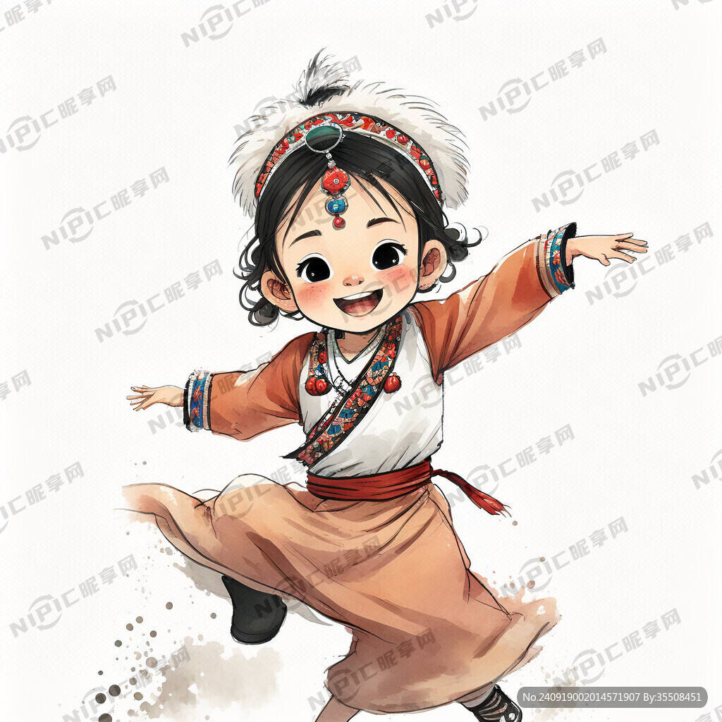 卡通手绘跳藏族舞的小朋友