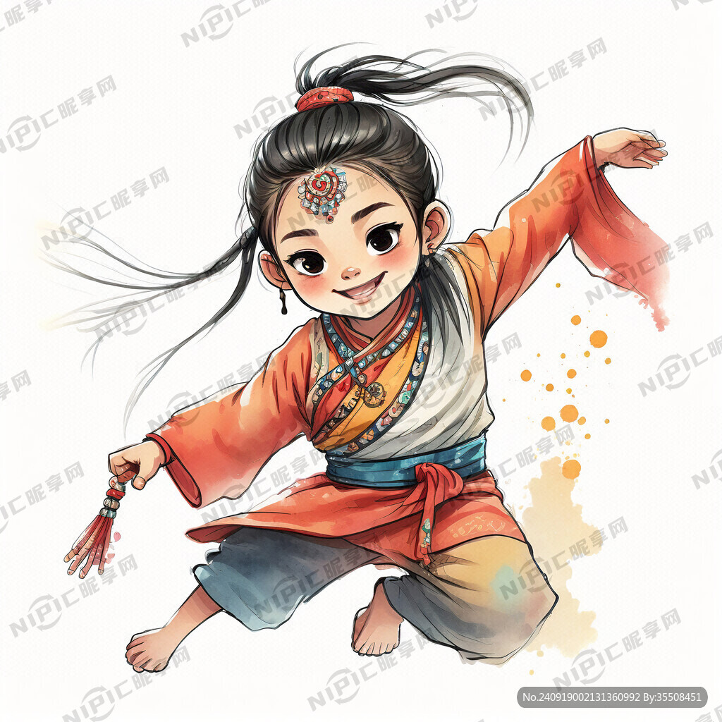 卡通手绘跳藏族舞甩水袖的小朋友