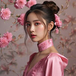 丸子头发型的美女模特正装粉色氛围