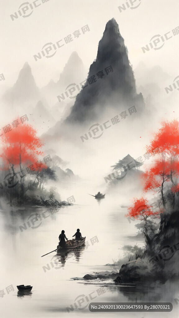 山、水、树木、渔船、老人、竹筏