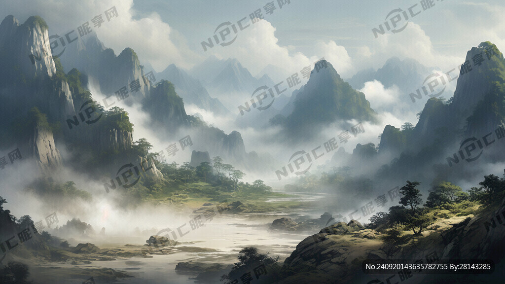 山谷 中国风 中国画 山水