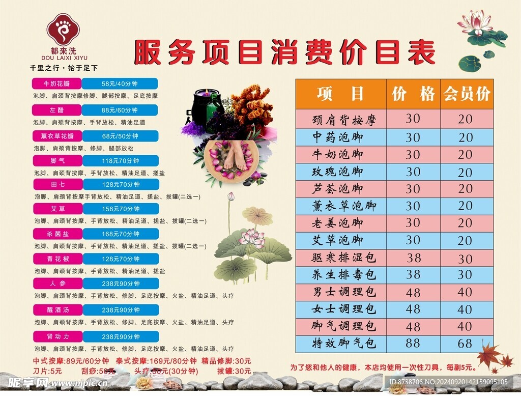 服务项目消费价目表