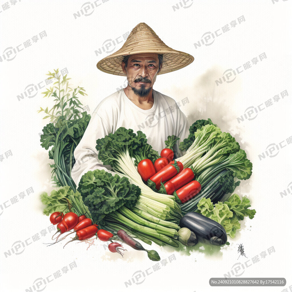 菜农怀抱蔬菜 工笔画 纯色