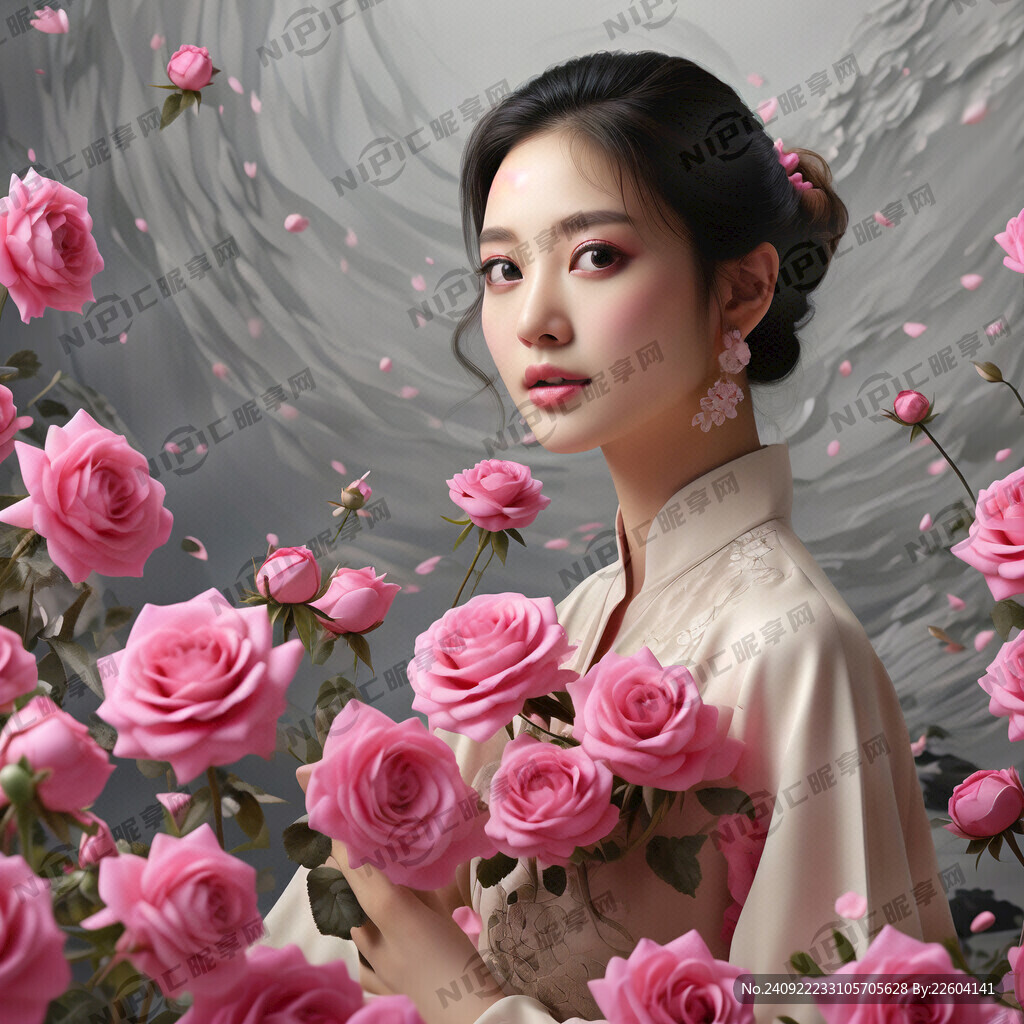 拍广告的美女周围都是粉色玫瑰花
