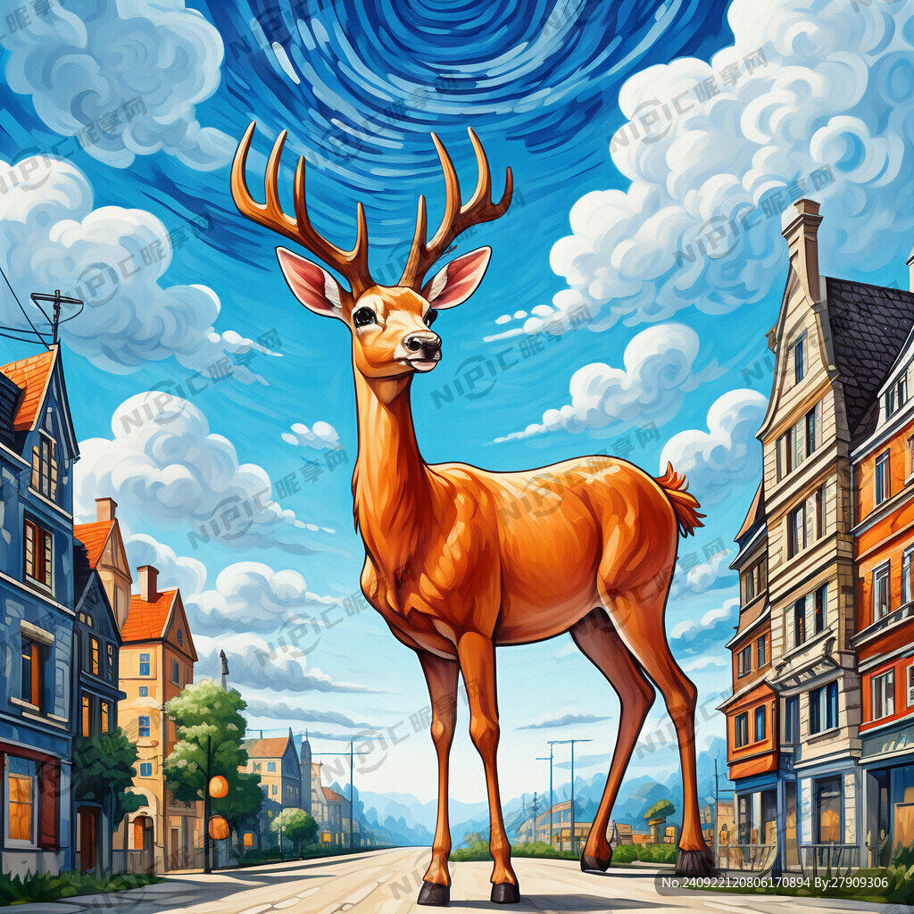 卡通 小鹿 蓝天白云 街道