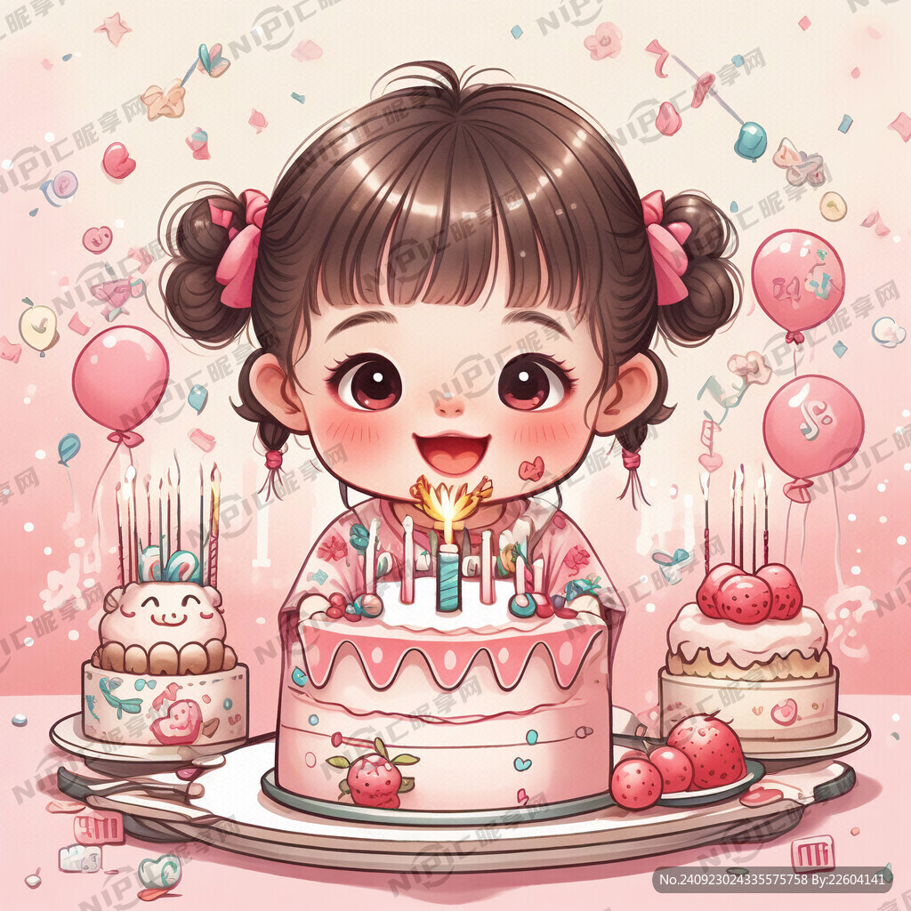小女孩生日蛋糕粉色可爱插画风