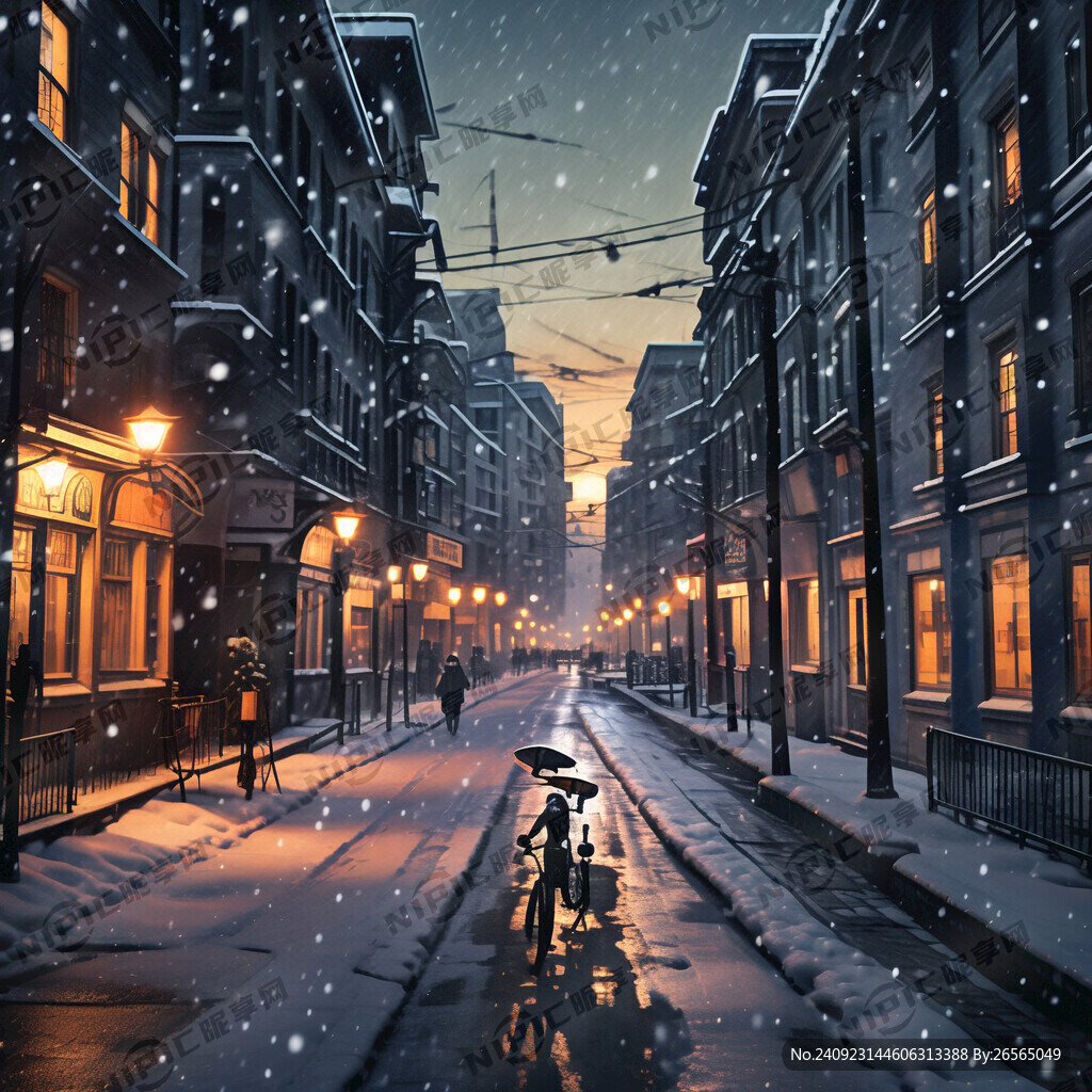 现代街景 凌晨 雪景 情调光