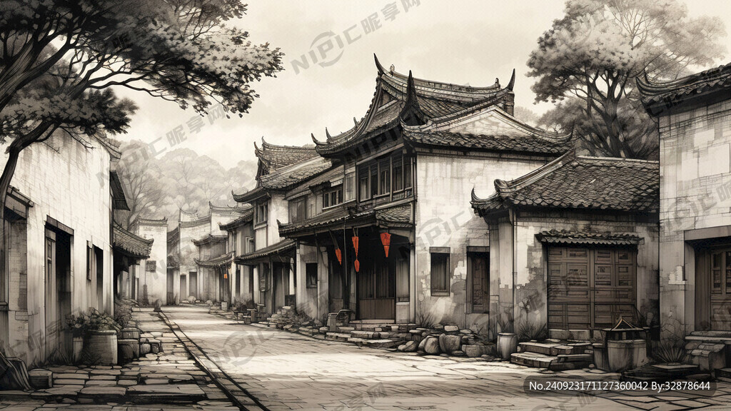 素描 砖瓦房 徽州老街 古代