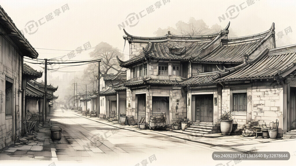 铅笔画 砖瓦房 徽州老街 古代