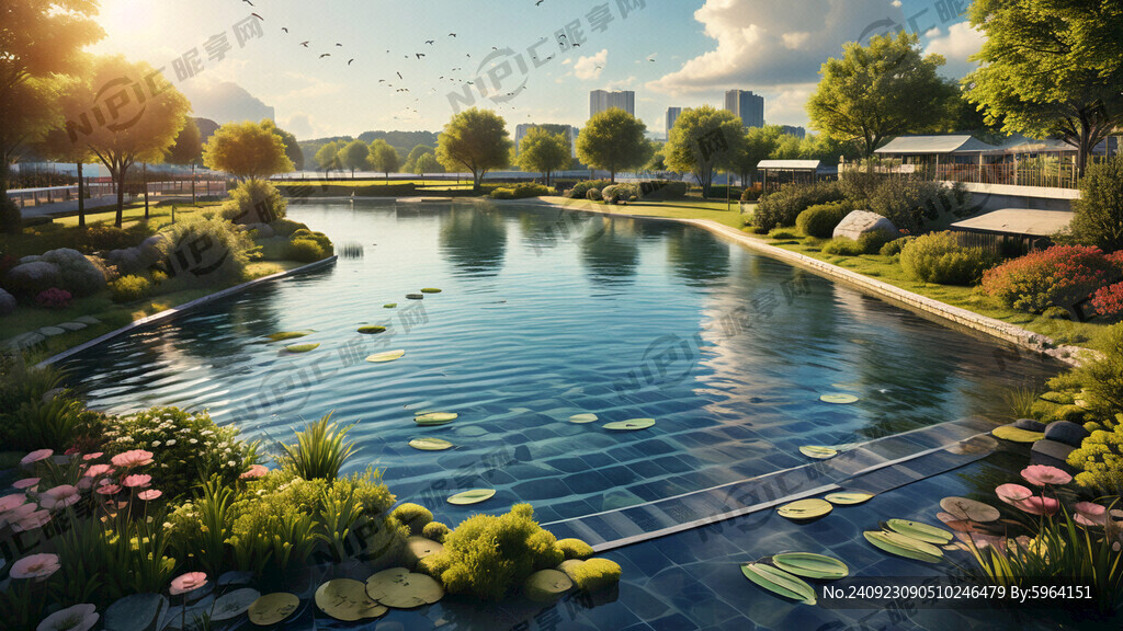 不规则水景 四周隔离栏 植物