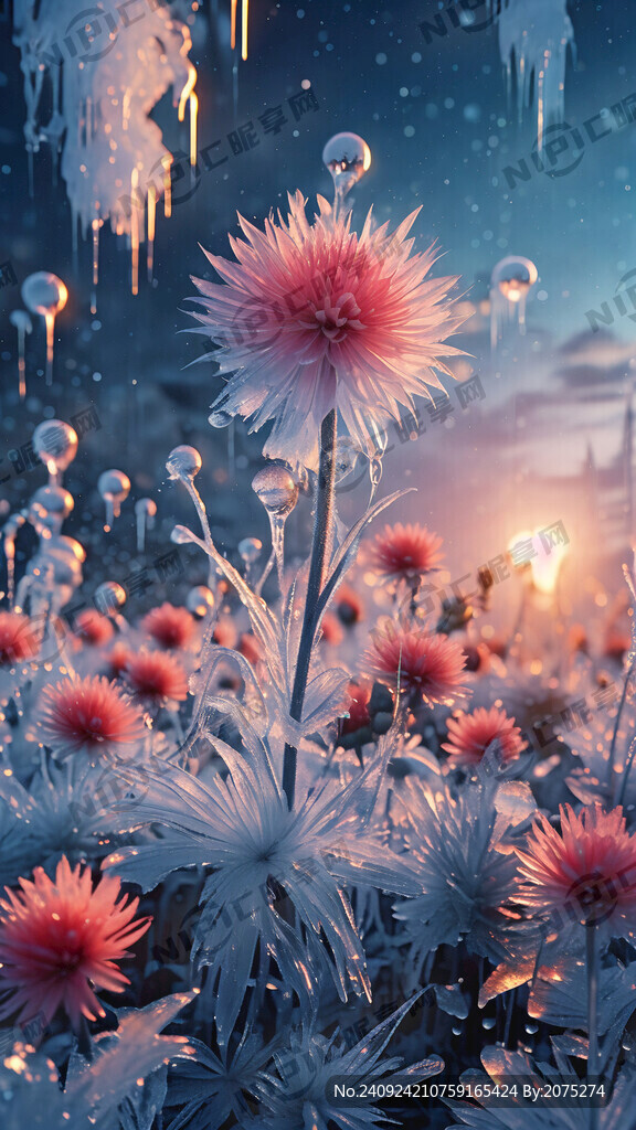 梦幻 鲜艳的花朵上有冰霜 近景